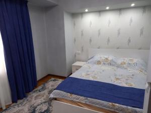 塔什干Apartment Center 1的一间卧室配有床和蓝色窗帘