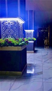 布克维Villa Livorno的两个桌子,上面有植物,房间有蓝色的灯光