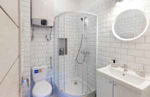 布达佩斯A27- Boutique Apartments, Best Location. By BQA的带淋浴、卫生间和盥洗盆的浴室