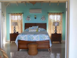 Clarence Town清风港口别墅的一间卧室配有一张蓝色墙壁的床和两盏灯。