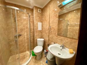 普里莫尔斯科Green Paradise Deluxe Apartments的带淋浴、卫生间和盥洗盆的浴室