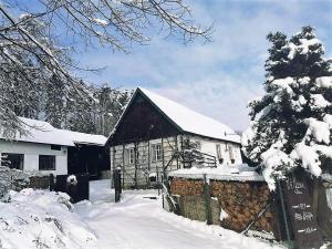 SkálaChalupa Skála 1827的雪中带栅栏的房子