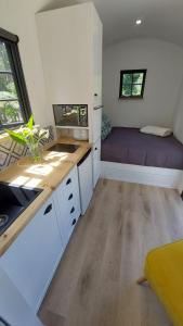 普利登堡湾Luxury Shepherds Hut Retreat的一间小房间的厨房,配有一张床铺