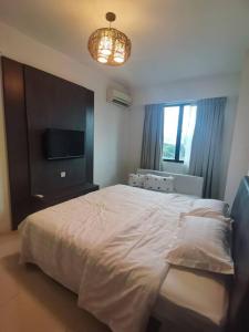 怡保Kinta Riverfront Suite @ Cozy Ipoh- 7paxs的卧室配有一张白色大床和吊灯。