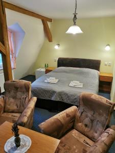 Jevíčko阿尔斯特酒店的卧室配有一张床和一张桌子及椅子