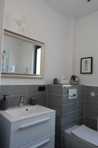 柏林Ferienunterkunft im Tegelhaus的一间带水槽、镜子和卫生间的浴室