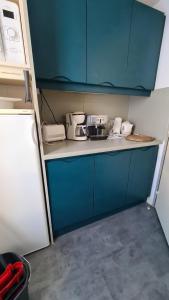 拉姆吉Appartements Bozeman的厨房配有蓝色橱柜和台面