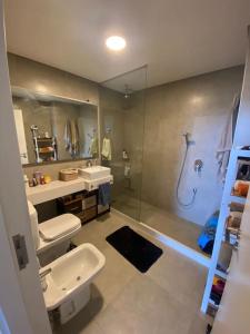 蒙得维的亚Descanso garantizado!的浴室配有卫生间、盥洗盆和淋浴。