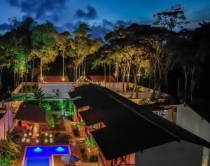 阿拉亚尔达茹达Pousada Vila Mangaba的享有带游泳池和树木的房屋的空中景致