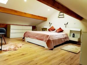梅济约Chaleureuse Maisonnette Lyon的一间卧室设有一张大床,铺有木地板。