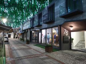 阿格达XPT Águeda - Boutique Apartments的一条街道,建筑有圣诞灯
