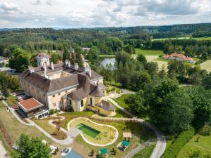 罗西瑙城堡罗西瑙城堡高级酒店的享有花园大房子的空中景致