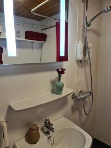 奥卢Cozy cottage in quiet location的白色的浴室设有水槽和镜子