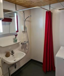 奥卢Cozy cottage in quiet location的浴室设有水槽和红色的淋浴帘