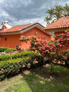 阿吉吉克Hotel Villas Ajijic, Ajijic Chapala Jalisco的前面有粉红色花和灌木的房子