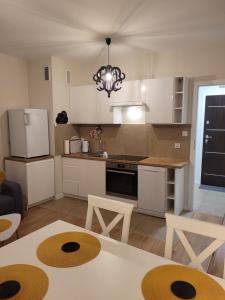 埃尔布隆格APARTAMENT-SADOWA的厨房配有白色橱柜和桌椅