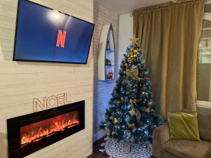 勒帕莱Appartement Vert du Palais - Relaxation Centrale的客厅配有圣诞树和电视