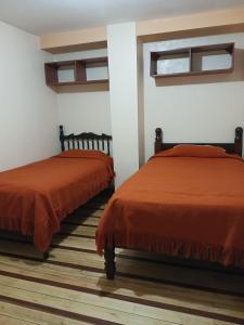 里奥班巴Hostal Puertas Del Sol的两张睡床彼此相邻,位于一个房间里