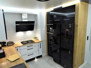 卡尔帕奇Góralska Osada Karpacz -Wood House 8 osobowy Dom Lux的厨房配有黑色冰箱和炉灶。