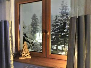 卡尔帕奇Góralska Osada Karpacz -Wood House 8 osobowy Dom Lux的前方有圣诞树的窗户