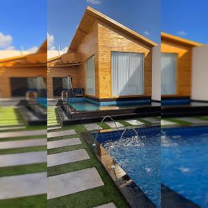 塔伊夫اكواخ سنتارا الريفيه的一座房子和一座游泳池的三幅照片