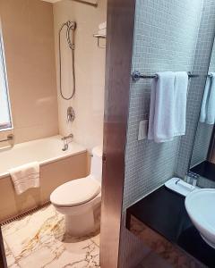 首尔Niagara Hotel的浴室配有卫生间、盥洗盆和淋浴。