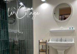 勒图凯-巴黎普拉日Villa Brigitte的带淋浴、盥洗盆和镜子的浴室