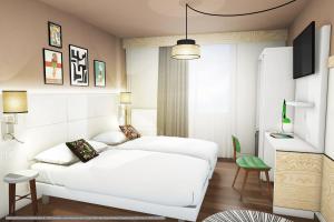 里尔greet hotel Lille Gare Flandres - Groupe Accor的一间带白色床的卧室和一间客厅