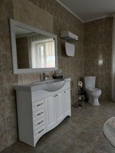 库斯塔奈Grand SPA Hotel的一间带水槽、镜子和卫生间的浴室