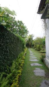 沙努尔Louto Dmell Guesthouse的一个带树 ⁇ 和走道的花园