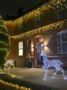 艾纯查姆46 Ashfield Rd, Altrincham的装饰有圣诞灯和驯鹿的房子