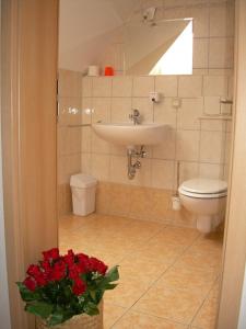 韦尼格罗德Hotel Garni am Schlosspark的浴室设有卫生间、水槽和红色鲜花。