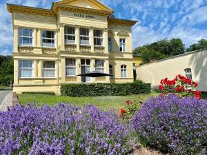 黑灵斯多夫Villa Anna - Carpe Diem的一座黄色的建筑,前面有紫色的花