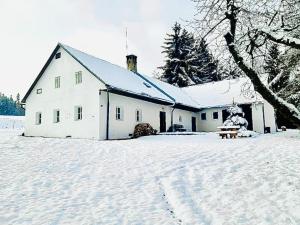 舒马瓦山区霍日采Romantická chalupa s krbem的前面的白色房子,上面有雪