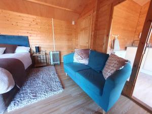 波士顿The Cabin @Tenacre的一间卧室配有一张床和一张蓝色的沙发
