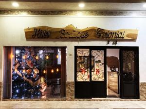 卡塔戈Hotel Boutique Colonial Cartago的橱窗前的商店,有圣诞树