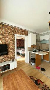 埃迪尔内Edirne House的一间带石墙的客厅和一间厨房