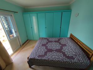 沙姆沙伊赫Farsha View的一间卧室配有一张床、蓝色橱柜和一扇门