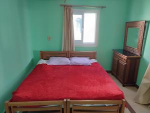 沙姆沙伊赫Farsha View的一间卧室配有一张红色的床、窗户和镜子