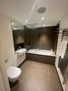 伦敦Clarges -Selfridges Luxury Apartment的带浴缸、卫生间和盥洗盆的浴室