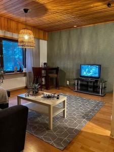 萨里耶尔维Tilava huoneisto的客厅配有桌子和电视