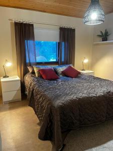 萨里耶尔维Tilava huoneisto的一间卧室配有一张大床和两个红色枕头