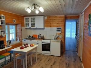 RaudsepaOtsa puhkemaja的一间厨房,配有白色家电和桌椅