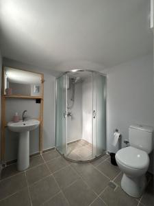 KumlucaEvergreenGlamping的带淋浴、卫生间和盥洗盆的浴室