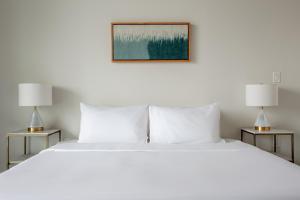 奥斯汀Kasa 2nd Street Austin的一间卧室配有一张带两盏灯的大型白色床。