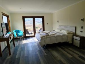 科克拉内Hotel HORSTMEYER的一间卧室配有一张床、一张书桌和一个窗户。