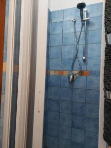 法维尼亚纳Casa Gelsomino的浴室设有蓝色瓷砖淋浴。