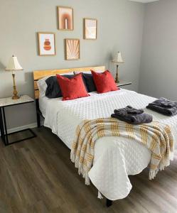 HamiltonThe Delores - 2 Bedroom Apt in Quilt Town, USA的卧室配有带红色枕头的大型白色床