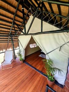 San MiguelBinga Beach Palawan Glamping的铺有木地板的帐篷,配有两株植物和两把椅子