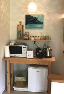 凯里凯里湖屋一室公寓的厨房柜台配有微波炉和电器。
